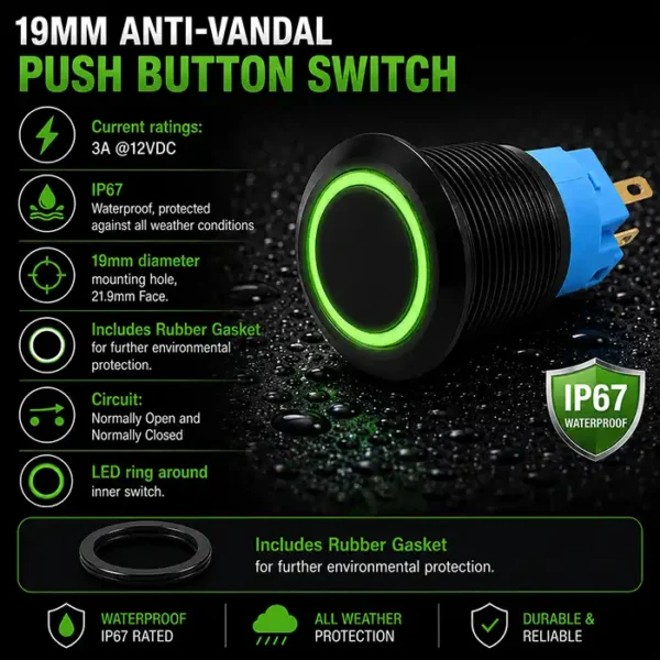 Round Switch Push Button Black ON/OFF 19mm LED Ring Green - Alna ...