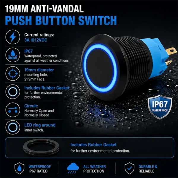 Round Switch Push Button Black Momentary 19mm LED Ring Blue with ...