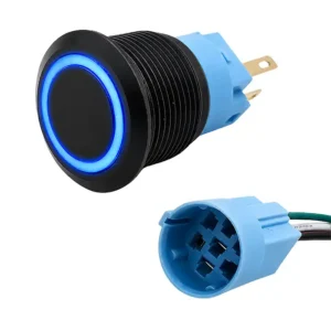 Round Switch Push Button Black ON/OFF 19mm LED Ring Blue with Harness