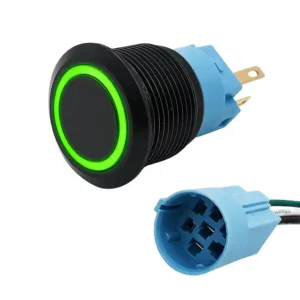 Round Switch Push Button Black ON/OFF 19mm LED Ring Green with Harness