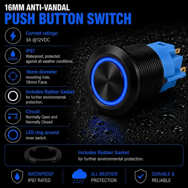 Round Switch Push Button Black ON/OFF 16mm LED Ring Blue with Harness ...
