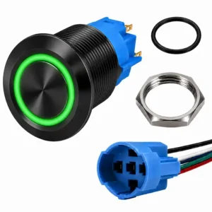 Round Switch Push Button Black ON/OFF 16mm LED Ring Green with Harness