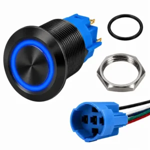 Round Switch Push Button Black ON/OFF 16mm LED Ring Blue with Harness