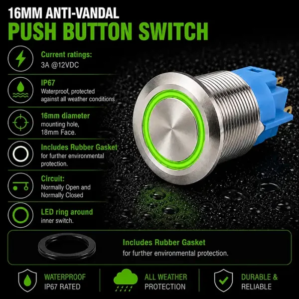 Round Switch Push Button Stainless ON/OFF 16mm LED Ring Green - Alna ...