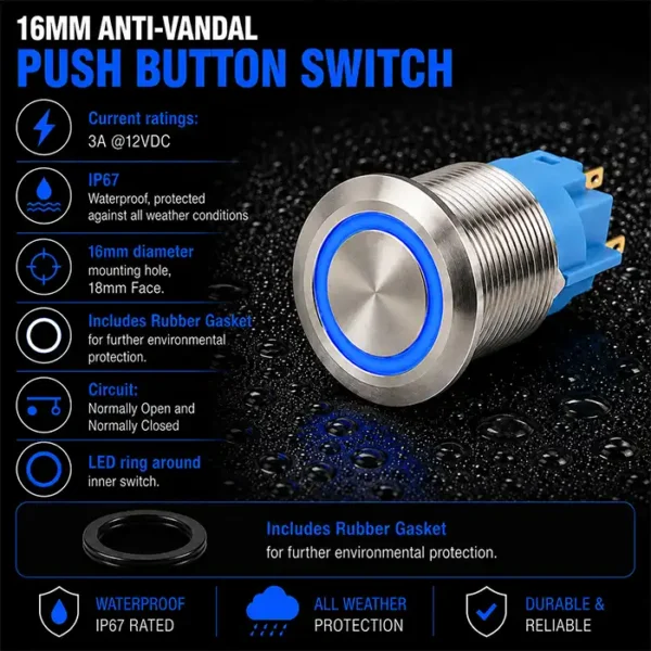 Round Switch Push Button Stainless ON/OFF 16mm LED Ring Blue with ...