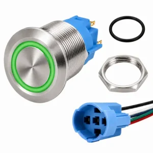 Round Switch Push Button Stainless Momentary 16mm LED Ring Green with Harness