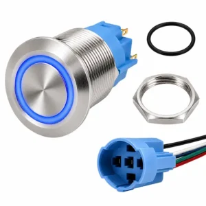 Round Switch Push Button Stainless Momentary 16mm LED Ring Blue with Harness
