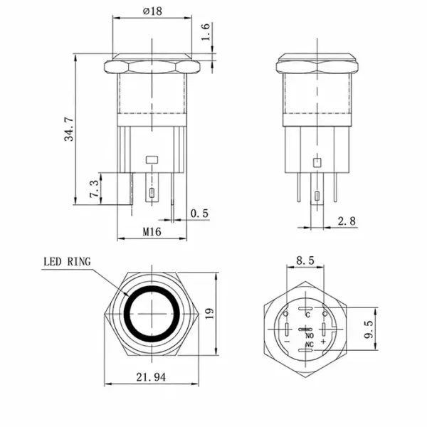 Round Switch Push Button Black ON/OFF 16mm LED Ring Red with Harness ...