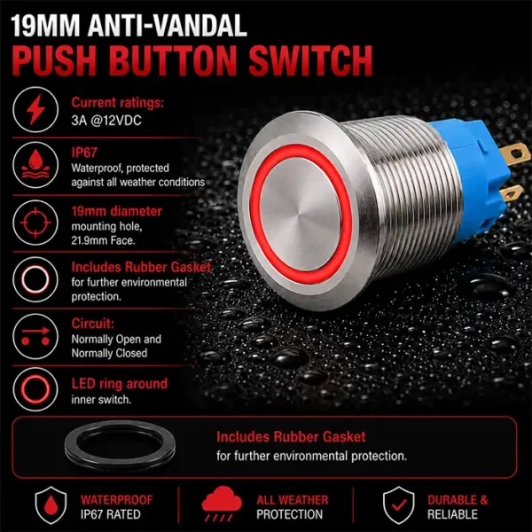 Round Switch Push Button Stainless Momentary 19mm LED Ring Red - Alna ...