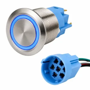 Round Switch Push Button Stainless Momentary 19mm LED Ring Blue with Harness