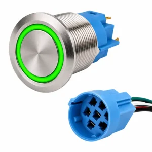 Round Switch Push Button Stainless Momentary 19mm LED Ring Green with Harness