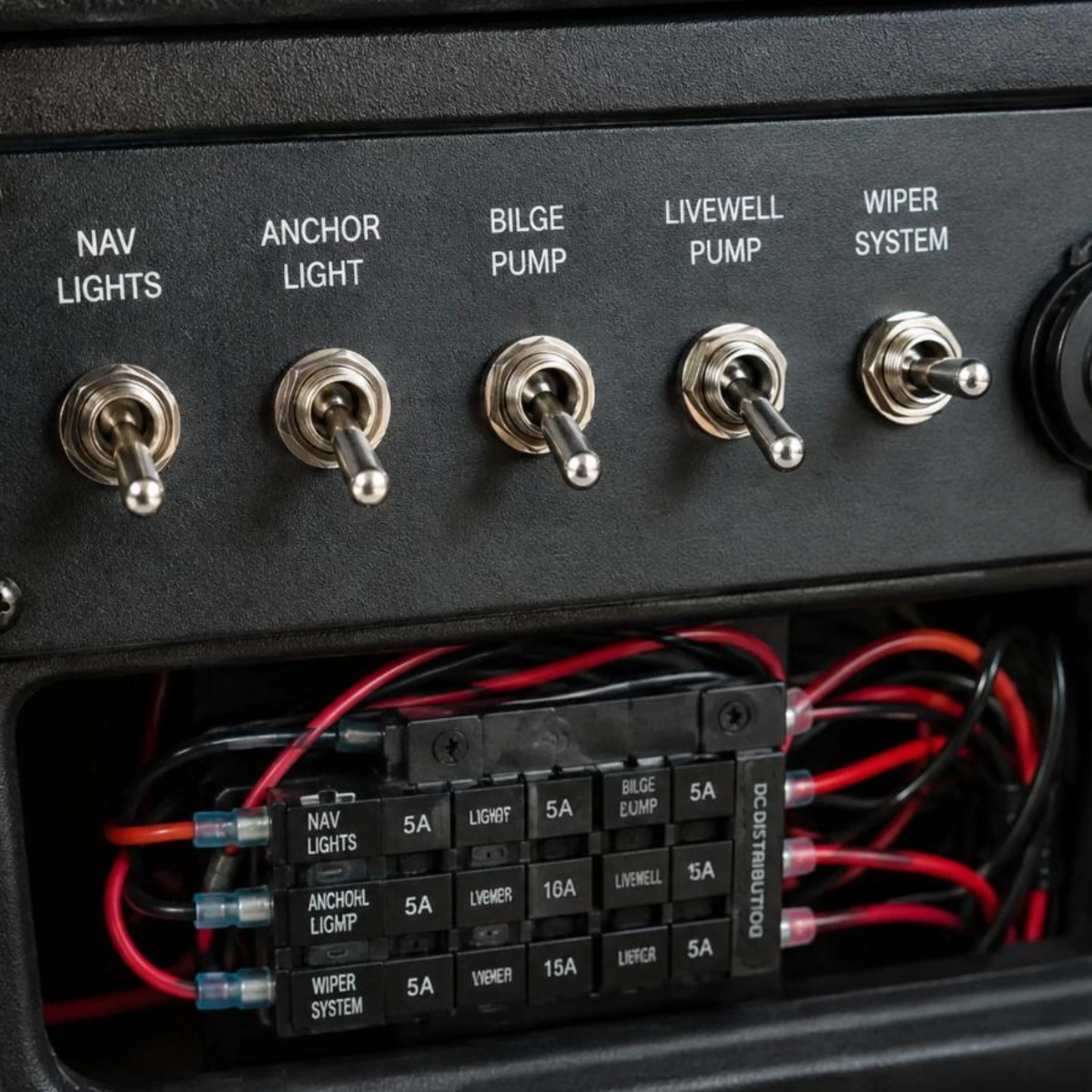 Toggle Switch TS-030 installed flush in boat dashboard panel wired to fuse holder