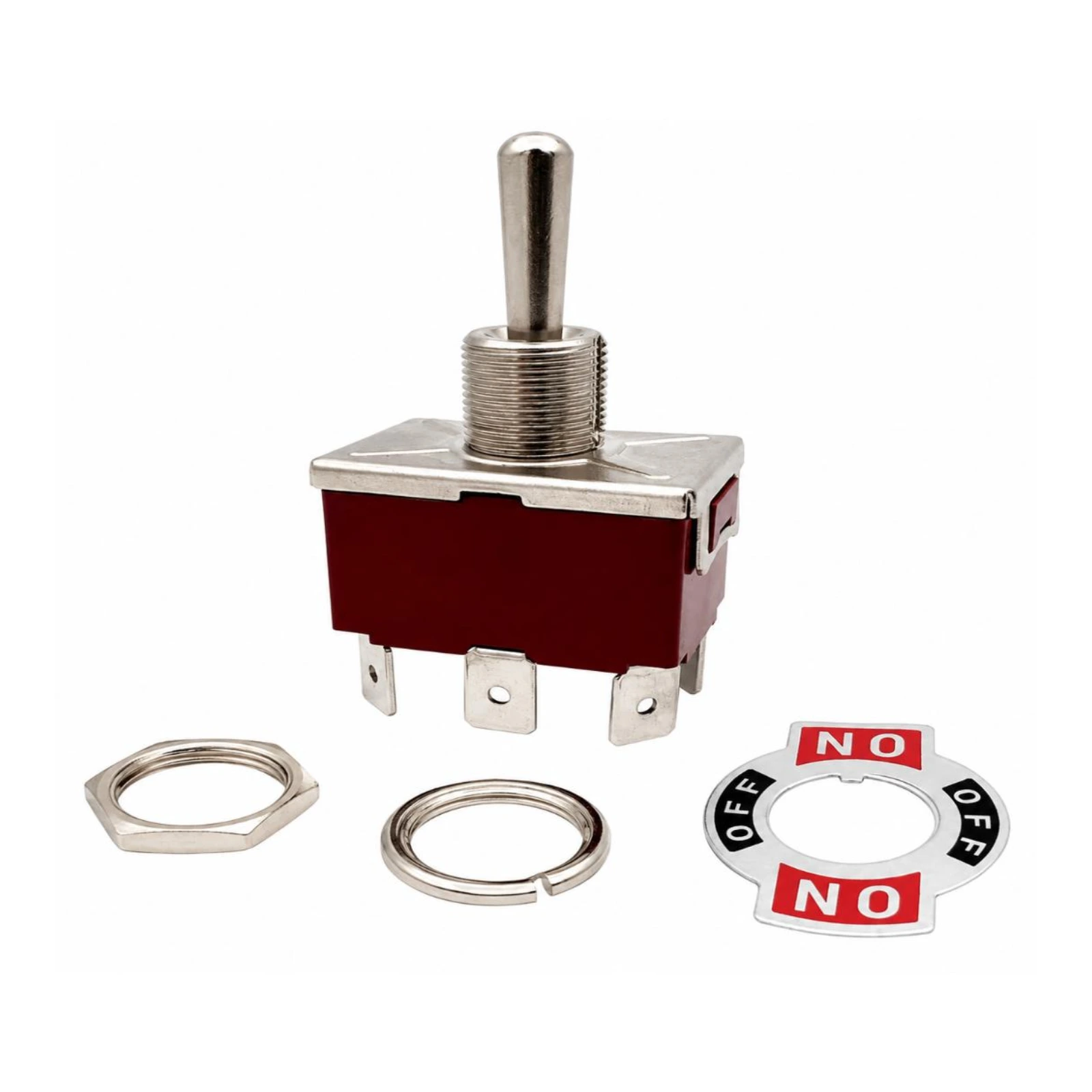 Toggle Switch TS-041 with mounting hardware, nuts, washers, and on-off-on label plate