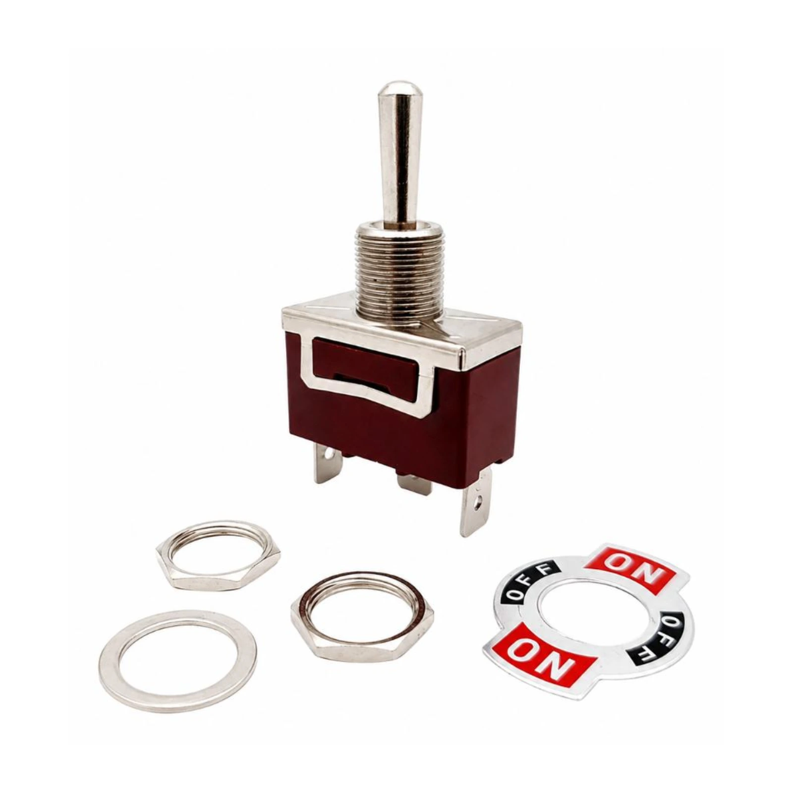 Toggle Switch TS-100 with mounting hardware, nuts, washers, and on-off-on label plate