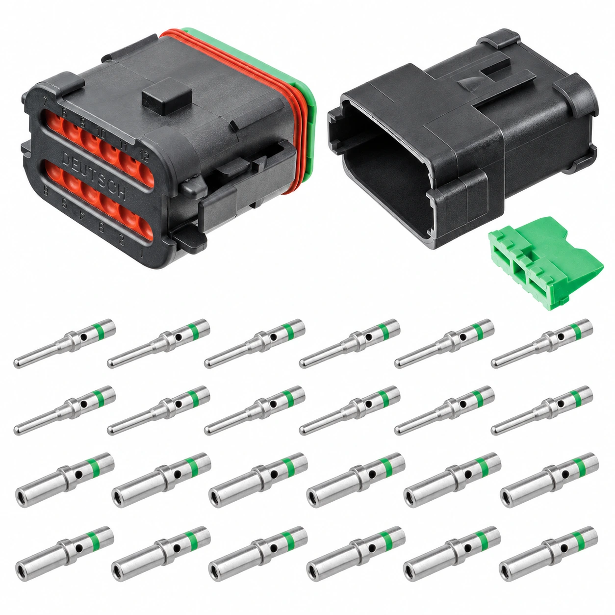 DEUTSCH DT12-1-CAT 12-Way CAT Spec Connector Kit DEUTSCH DT12-1-CAT 12-way CAT Spec connector kit with black housings, green wedgelocks, twelve nickel pins and twelve sockets