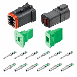 DEUTSCH DT6-1-CAT 6-way CAT Spec connector kit with two black housings, green wedgelocks, six nickel pins and six sockets