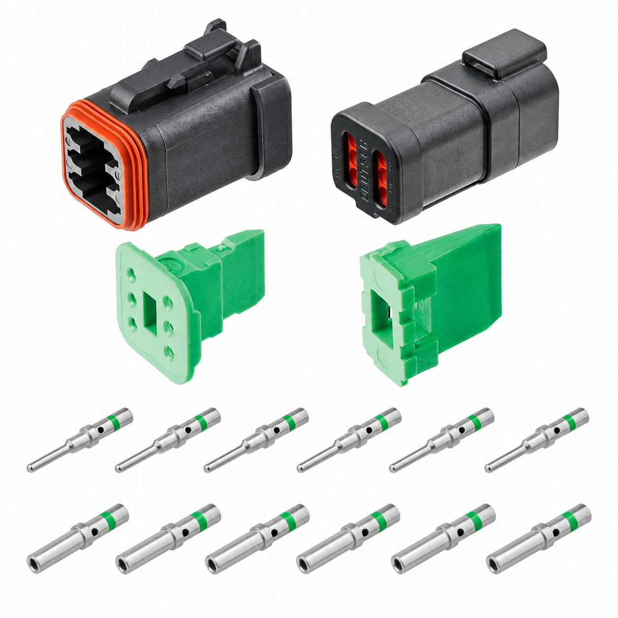 DEUTSCH DT6-1-CAT 6-Way CAT Spec Connector Kit DEUTSCH DT6-1-CAT 6-way CAT Spec connector kit with two black housings, green wedgelocks, six nickel pins and six sockets