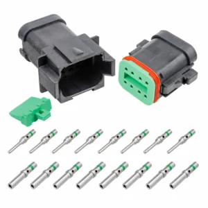 DEUTSCH DT8-1-CAT 8-way CAT Spec connector kit with black housings, green wedgelocks, eight nickel pins and eight sockets