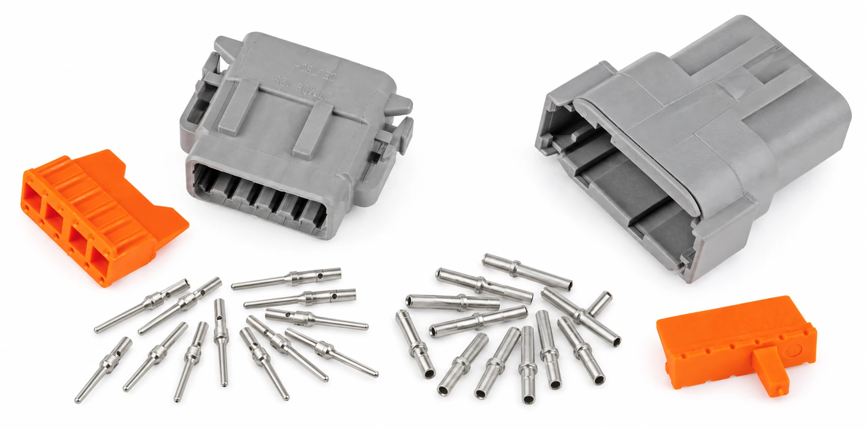 DEUTSCH DTM12-1 12-Way Full Connector Kit DEUTSCH DTM12-1 12-way connector kit with grey housings, orange wedgelocks and nickel solid contacts