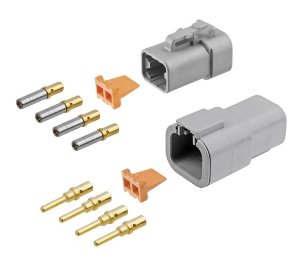 DEUTSCH DTP4-4 Gold Contact Full Connector Kit DEUTSCH DTP4-4 four-way full connector kit with housings, wedgelocks, four gold pins and four sockets