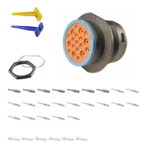 DEUTSCH P24-24-19PE 19-way HDP20 receptacle kit with pin contacts, blue and yellow removal tools, panel hardware and sealing blanks