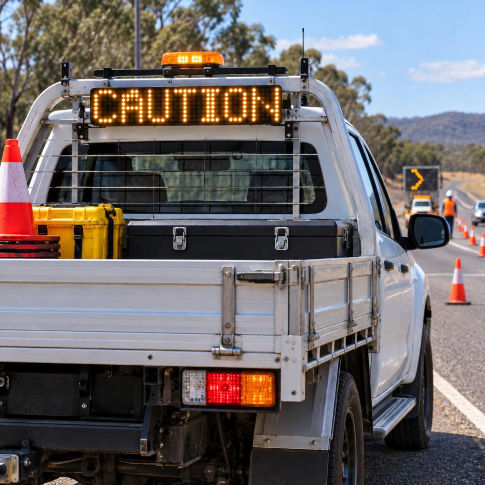 CODE 3 CD0012A amber LED message board showing CAUTION mounted on the rear of a traffic-management ute at a roadside work zone