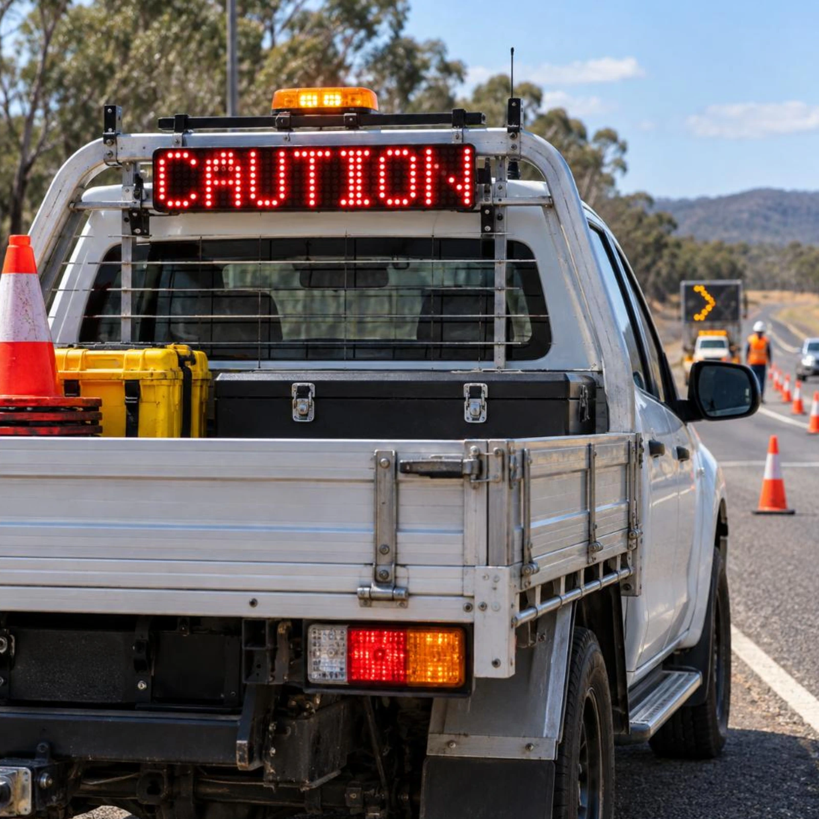 CODE 3 CD0012R red LED message board showing CAUTION mounted on the rear of a traffic-management ute at a roadside work zone