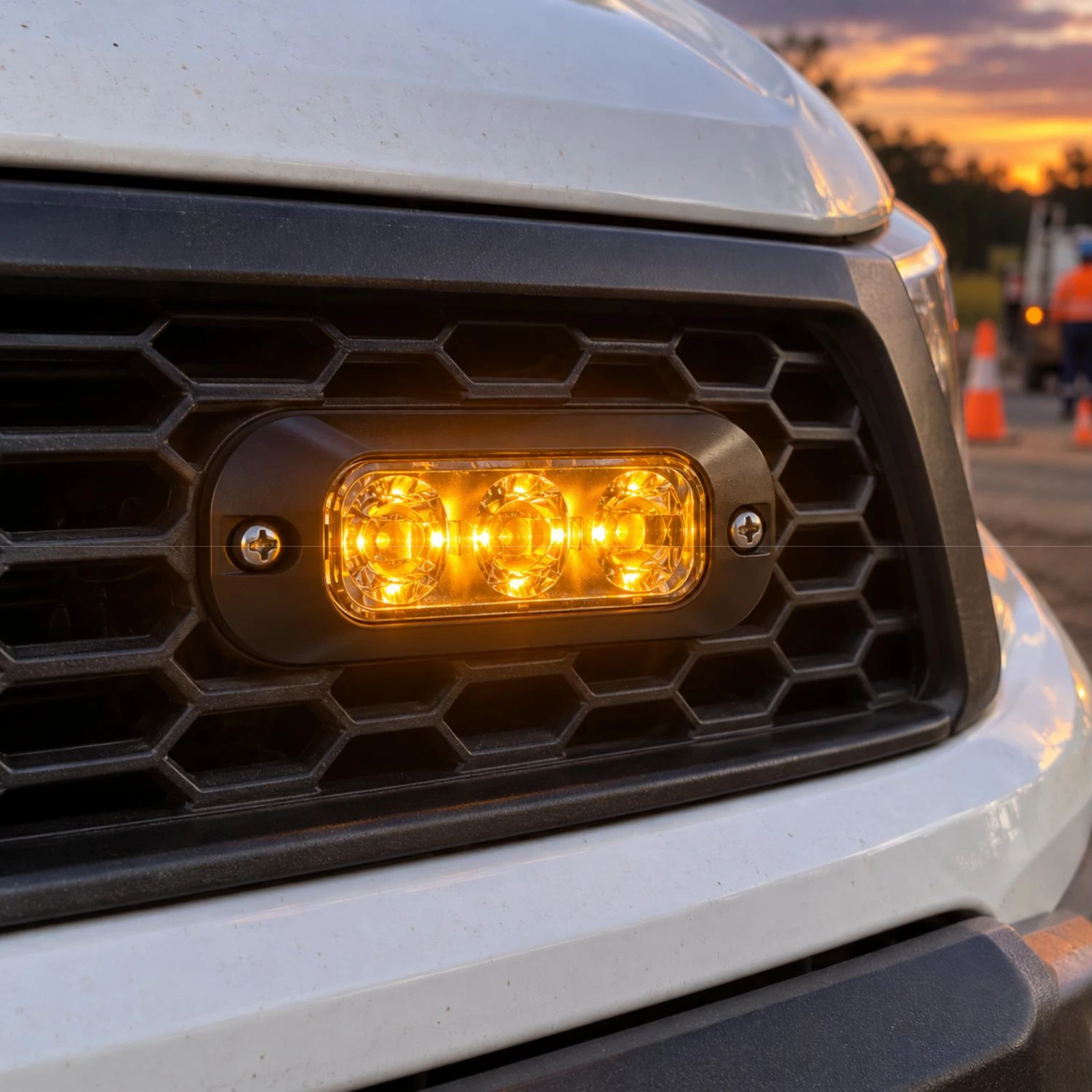 CODE 3 XTP3A amber surface mount LED warning light installed on a work ute grille at a roadside worksite