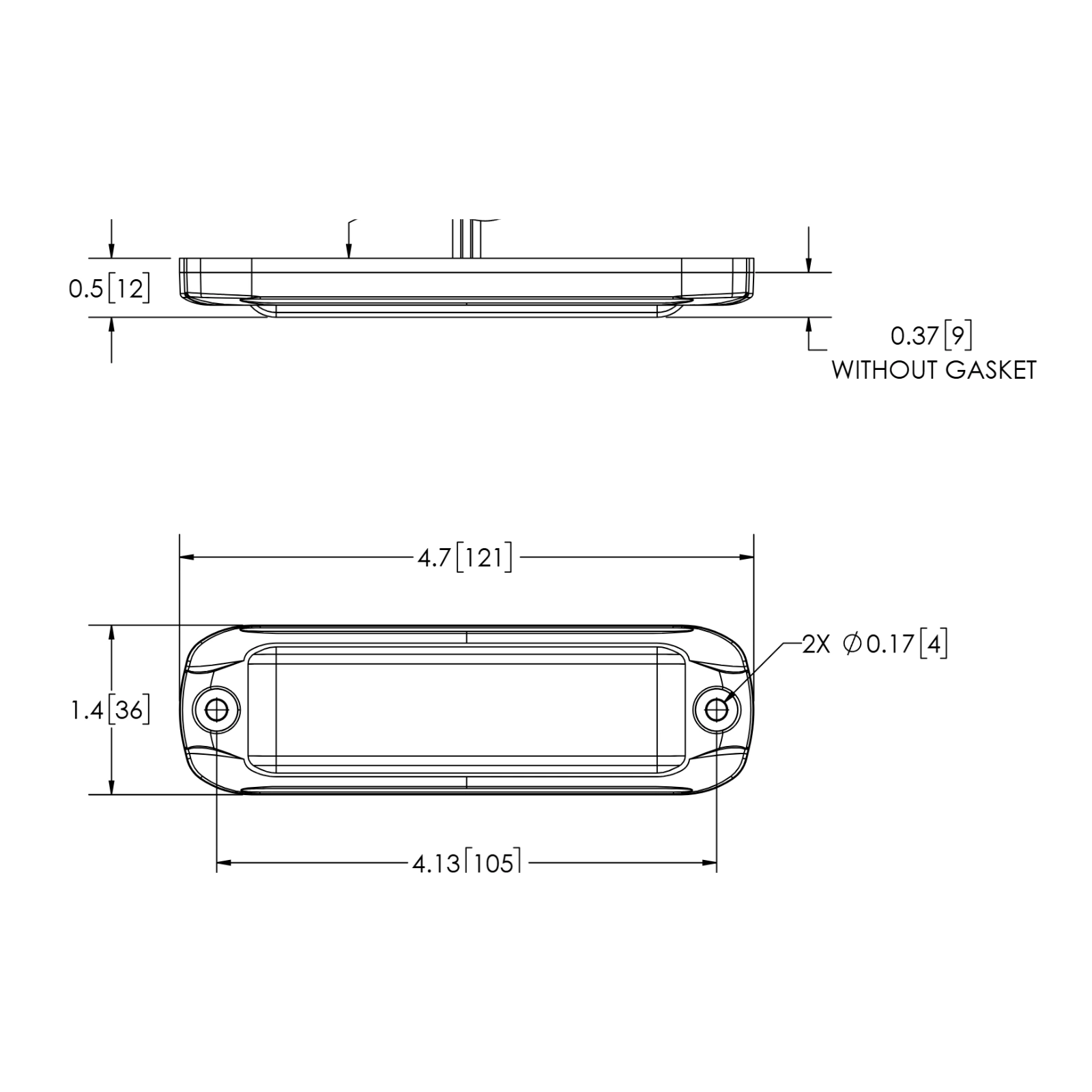 ECCO ED3800 ultra thin directional LED dimension drawing: 121 x 36 x 9 mm, 105 mm mounting hole centres