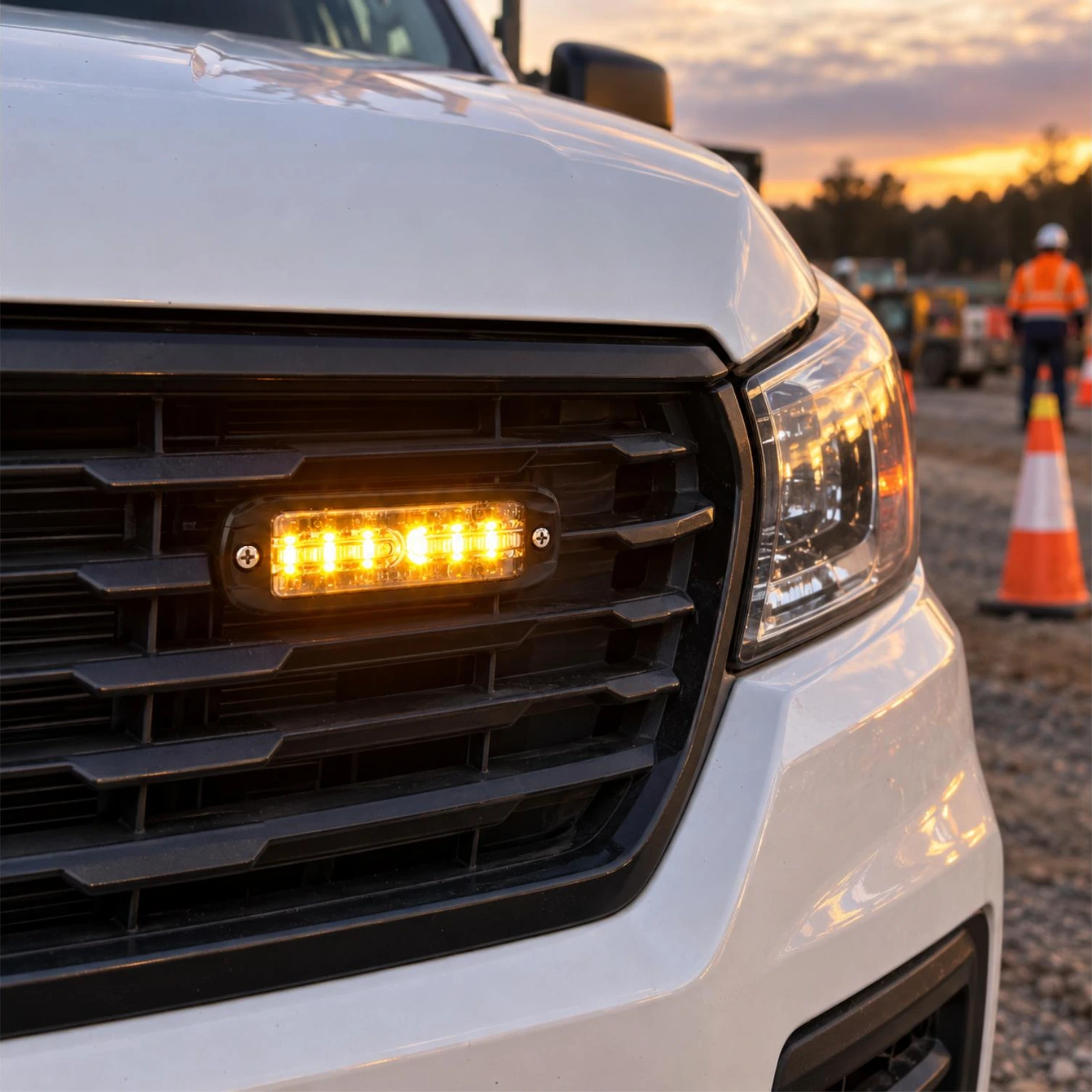 ECCO ED3801A amber ultra thin LED directional light installed on a utility ute grille at a roadside worksite