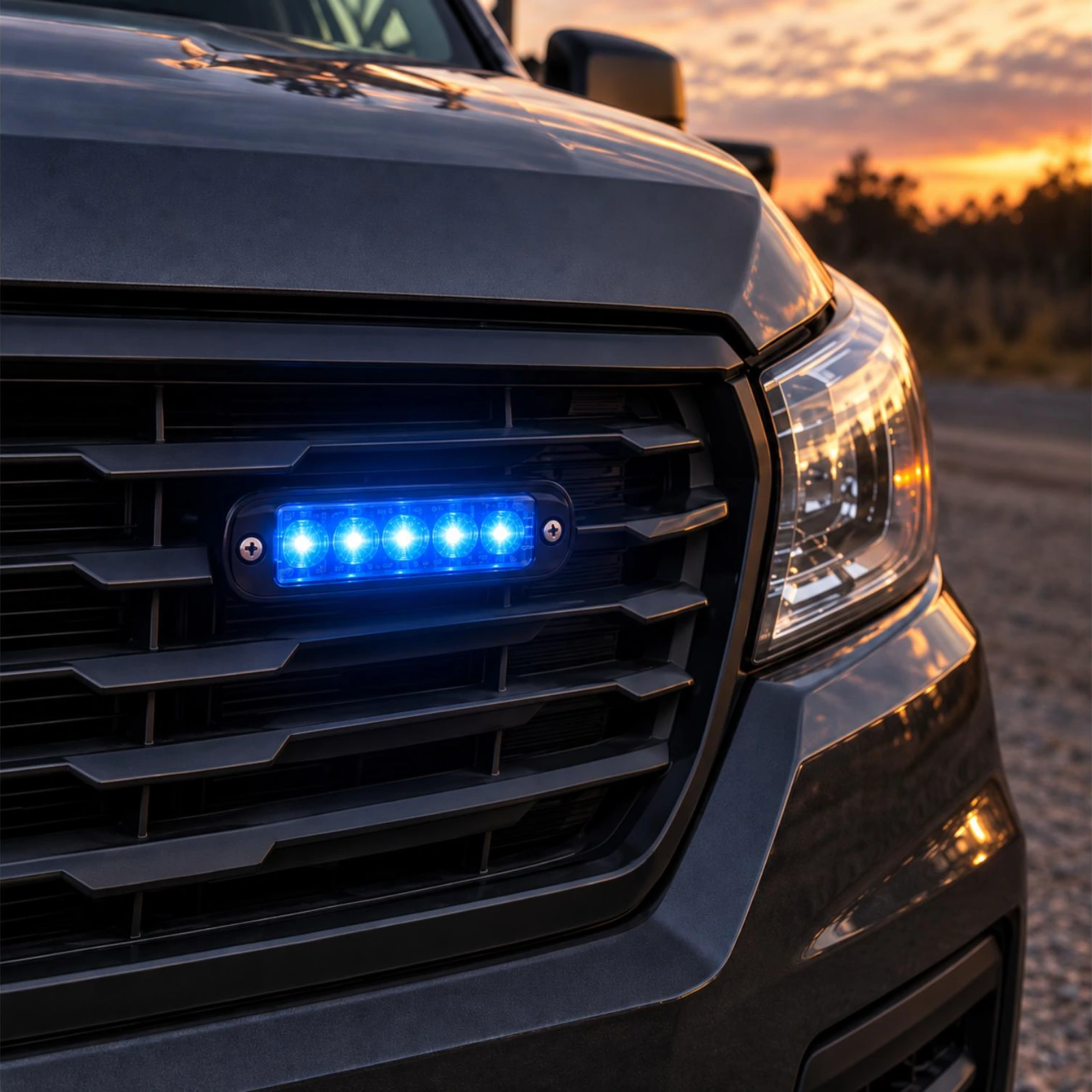 ECCO ED3801B blue ultra thin LED directional light installed on an emergency response vehicle grille