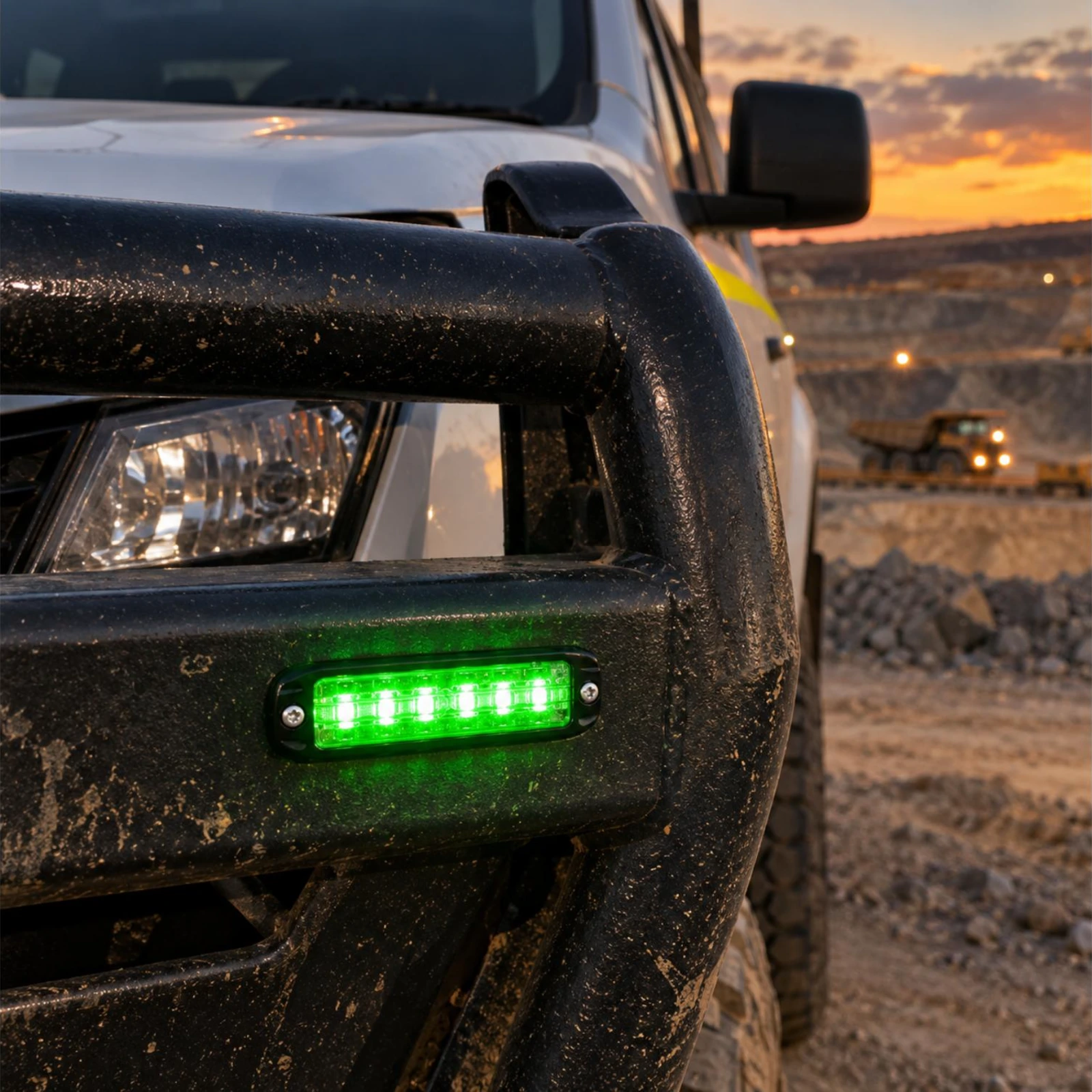 ECCO ED3801G green ultra thin LED directional light installed on a mining light vehicle bullbar