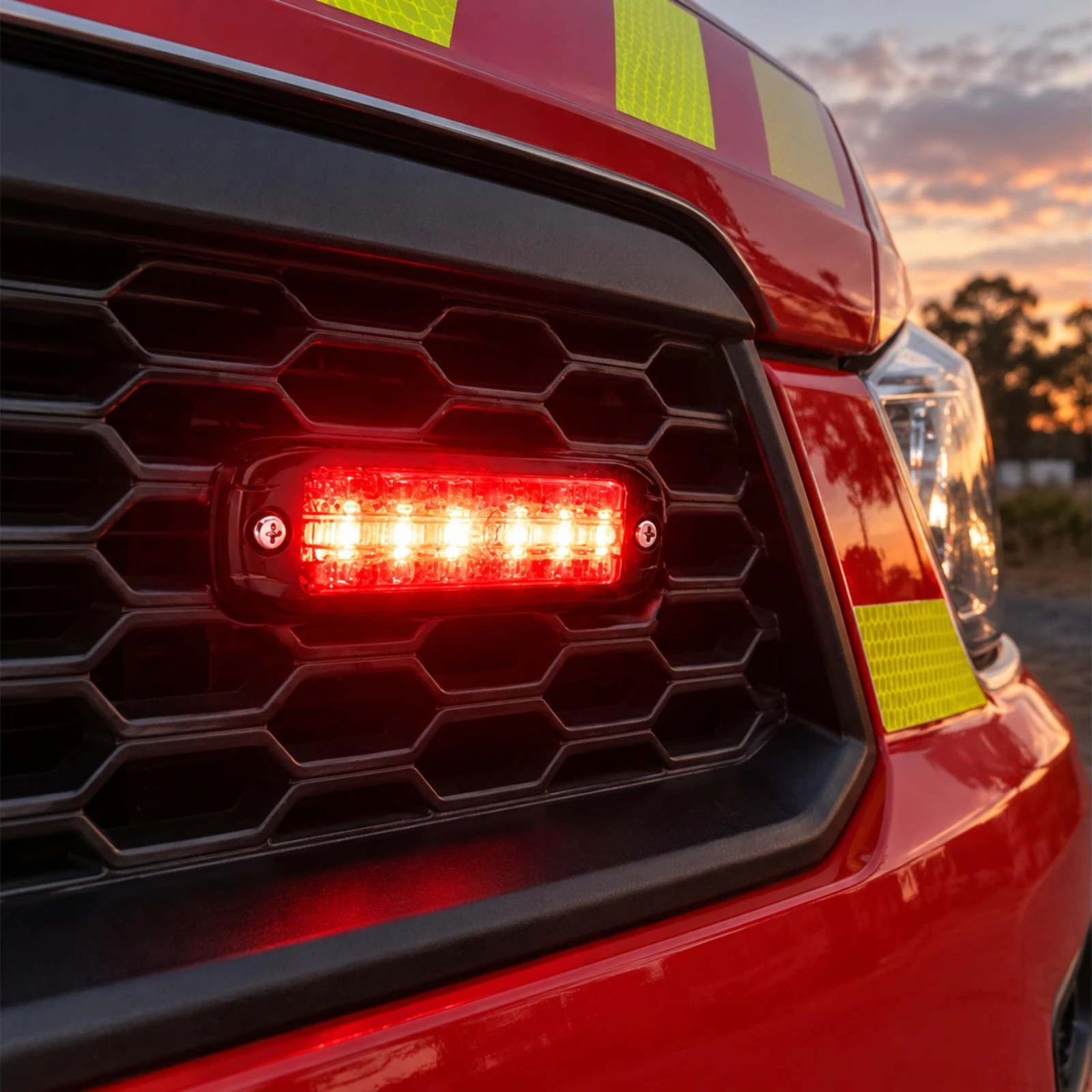 ECCO ED3801R red ultra thin LED directional light installed on a fire and rescue vehicle grille
