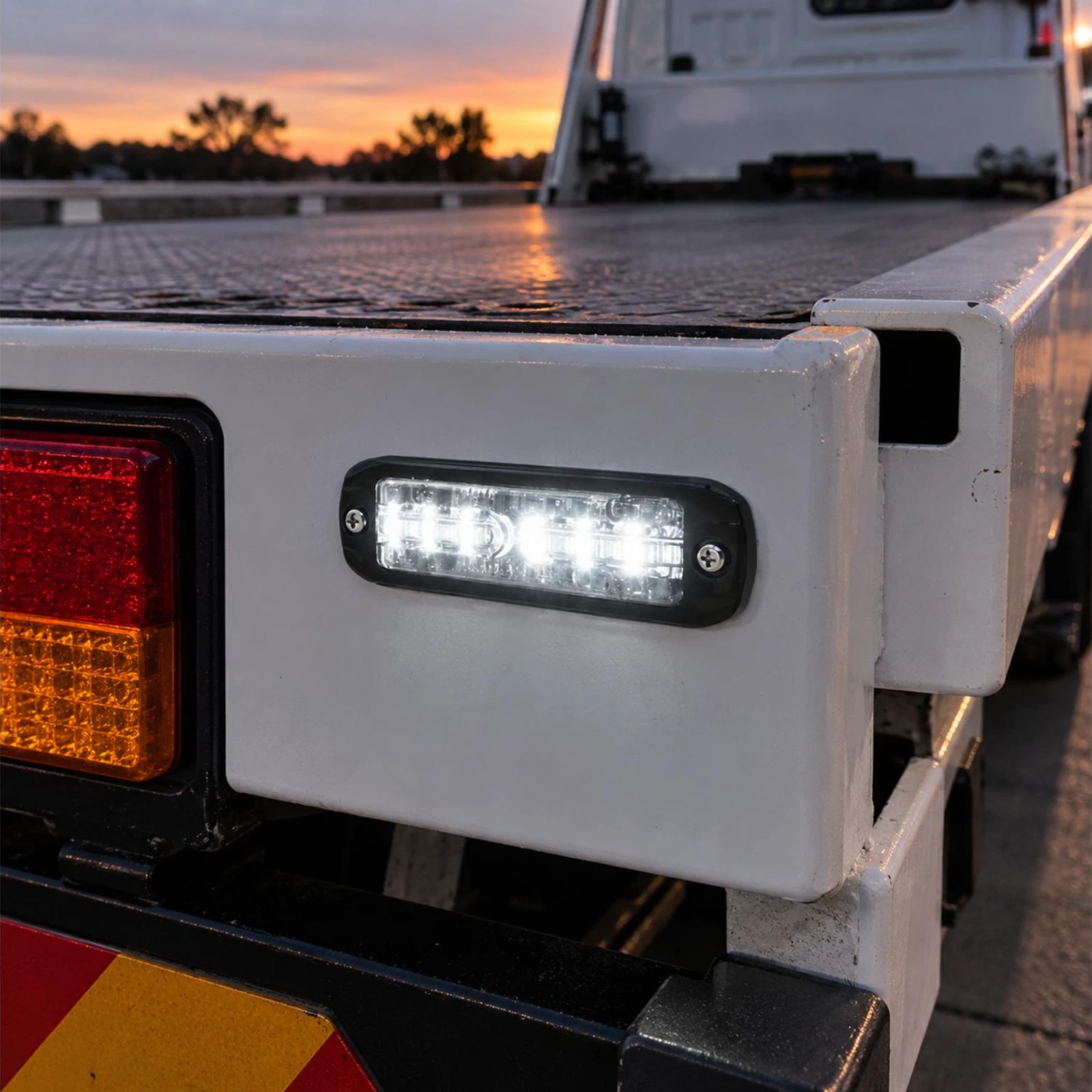ECCO ED3801W white ultra thin LED directional light installed on a tilt-tray tow truck rear panel