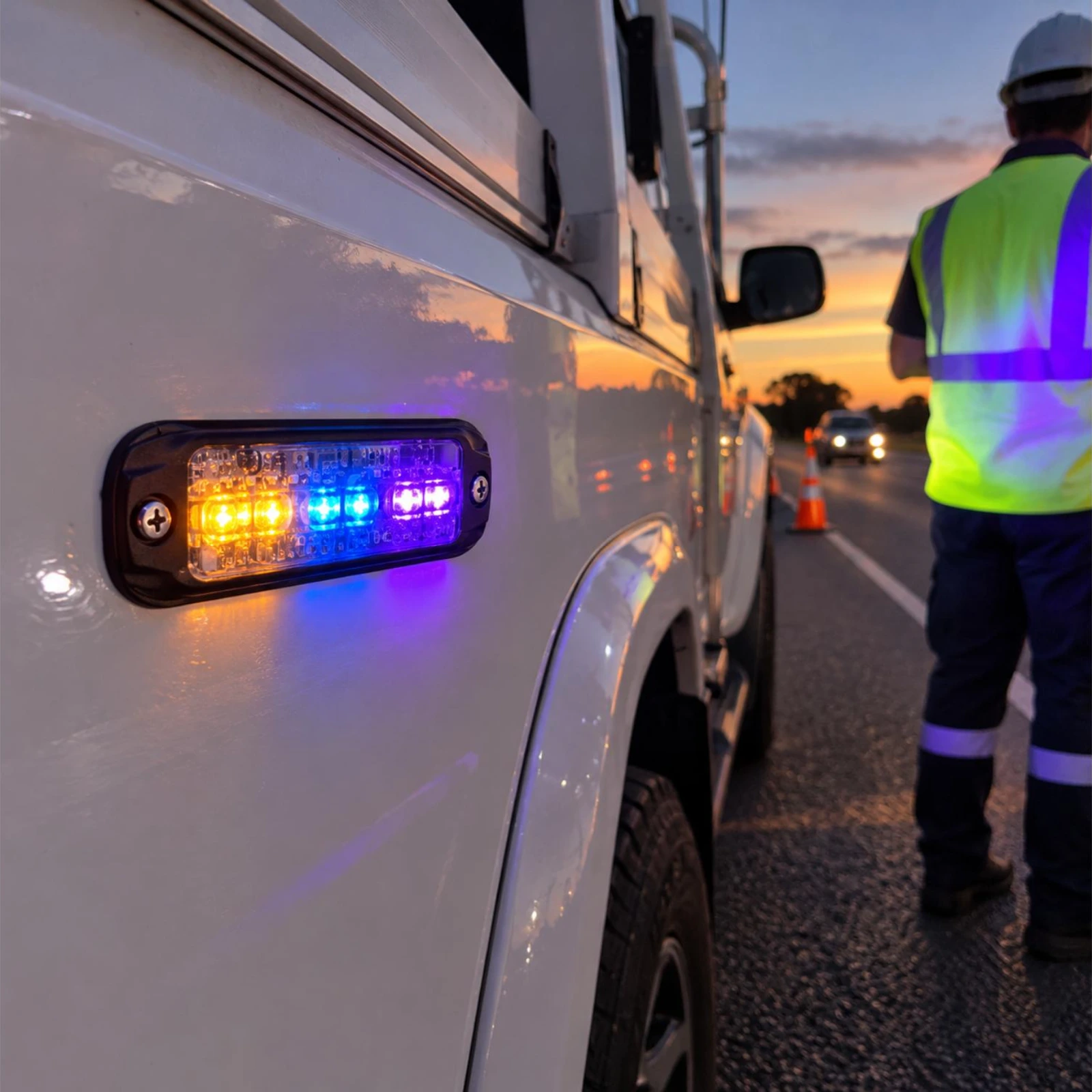 ECCO ED3802ABH amber/blue ultra thin LED directional light with HINVII illumination in use on a roadside response vehicle at a worksite