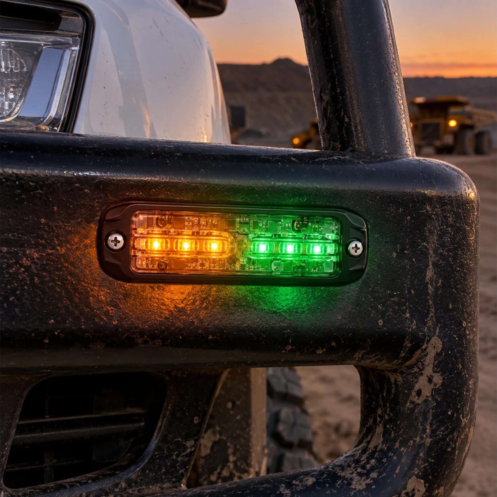ECCO ED3802AG amber/green ultra thin LED directional light in use on a mining light vehicle bullbar