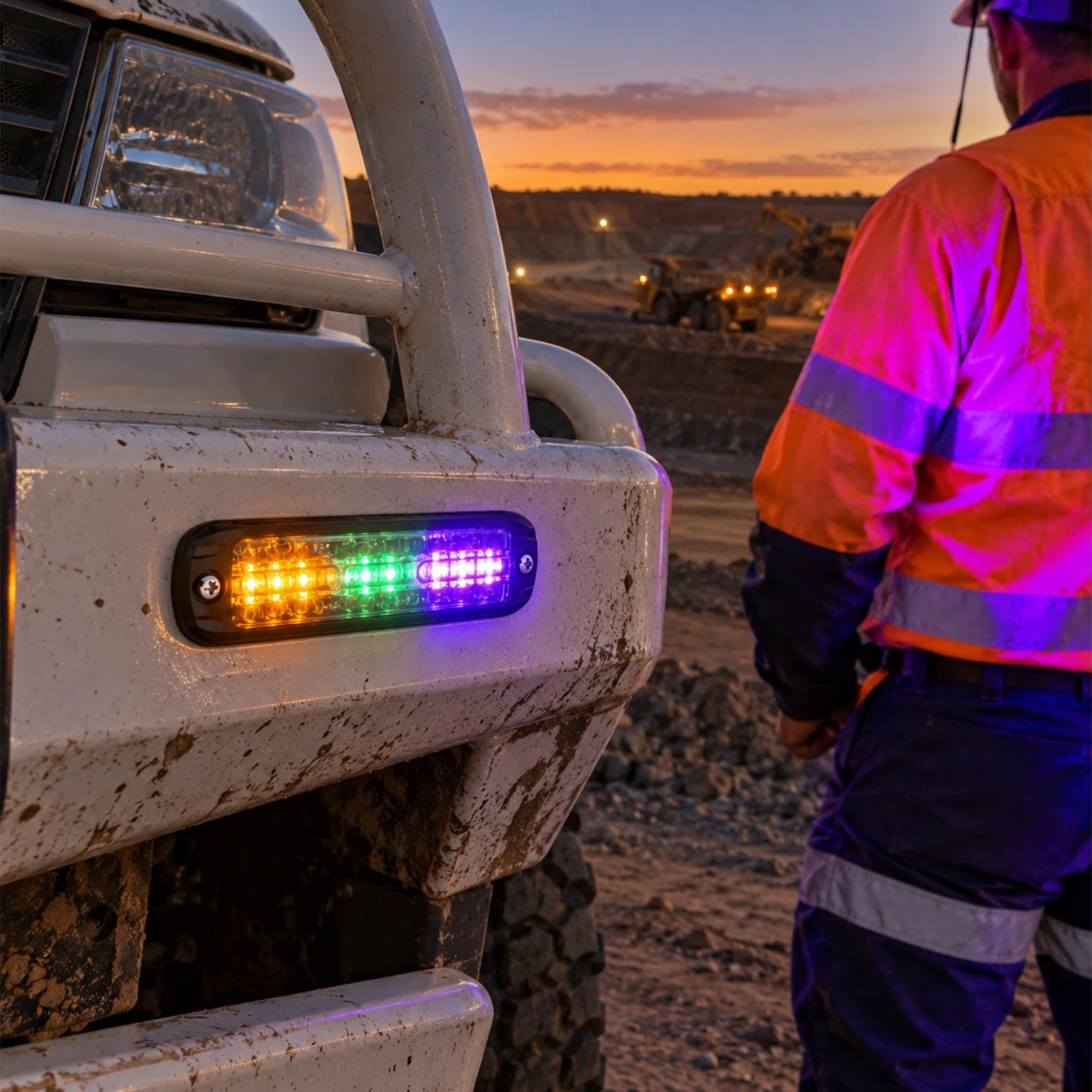 ECCO ED3802AGH amber/green ultra thin LED directional light with HINVII illumination in use on a mining light vehicle near ground crew