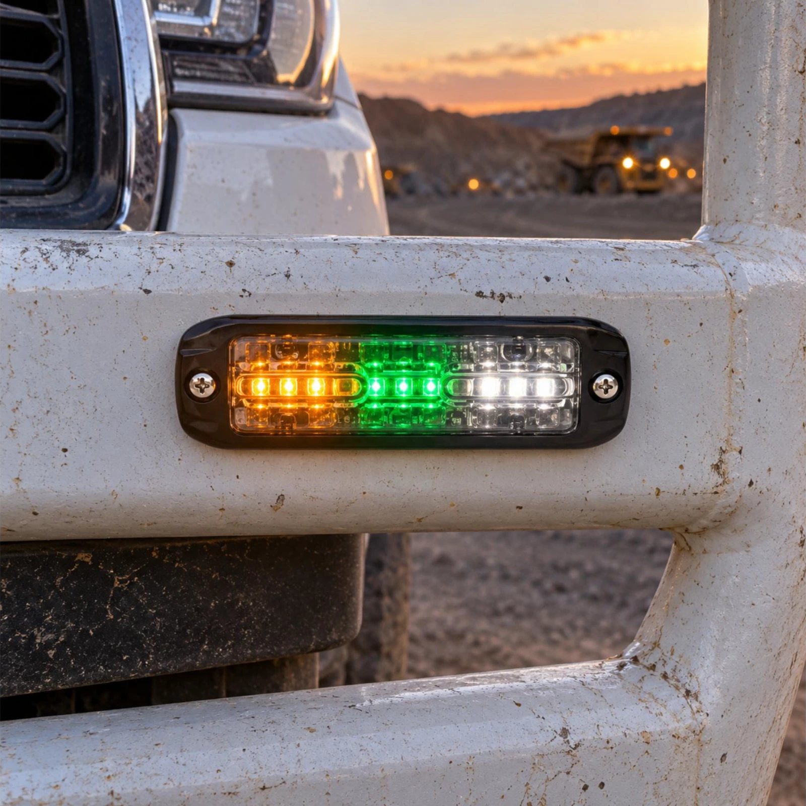 ECCO ED3802AGW amber/green/white ultra thin LED directional light in use on a mining light vehicle bullbar