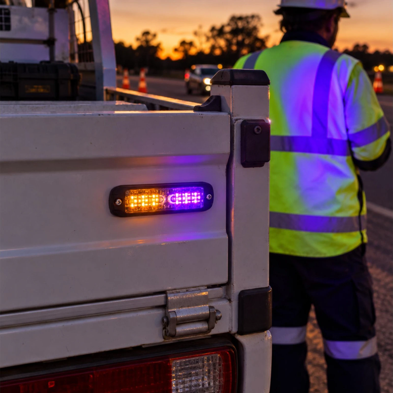 ECCO ED3802AH amber ultra thin LED directional light with HINVII illumination in use on a utility service vehicle at a roadside worksite
