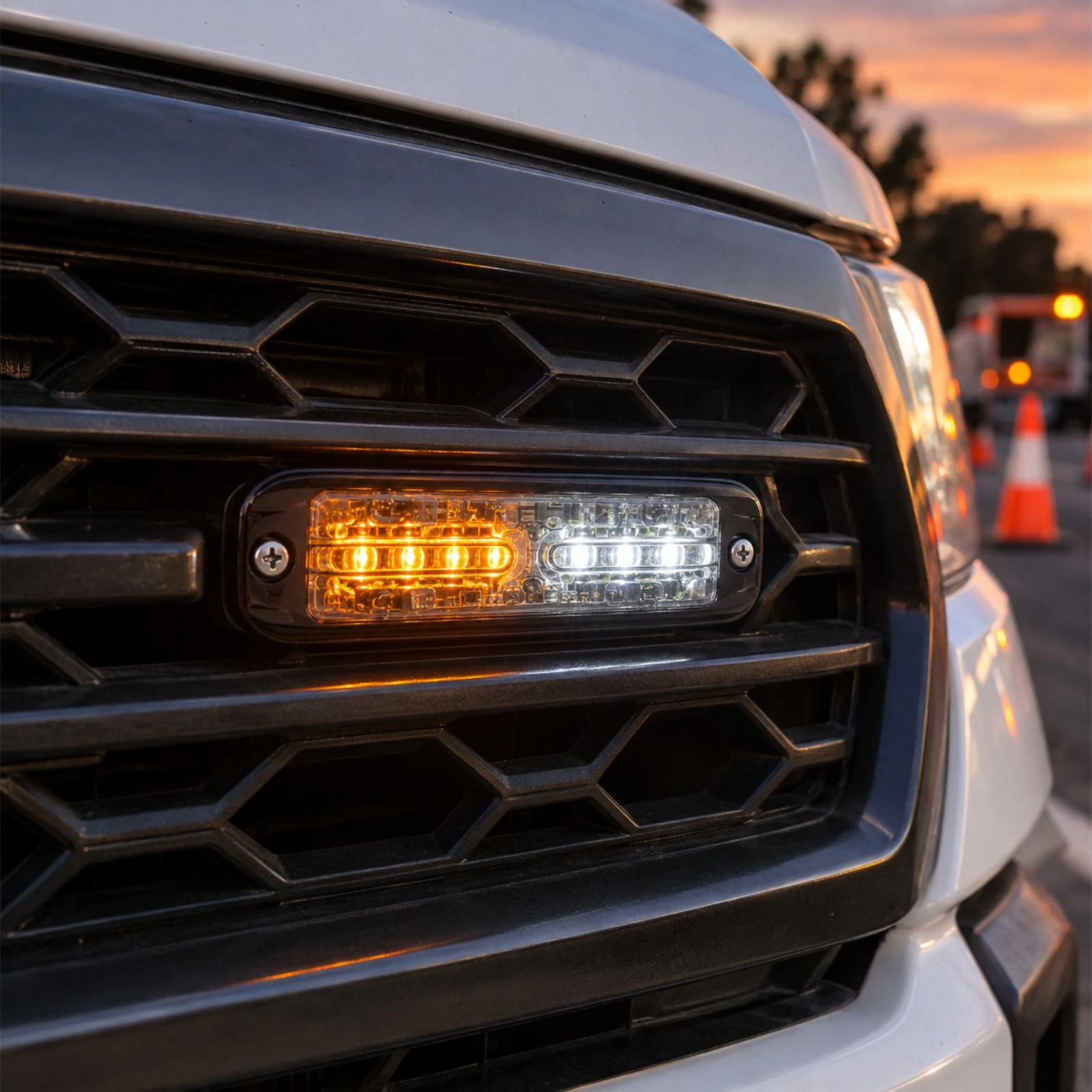 ECCO ED3802AW amber/white ultra thin LED directional light in use on a work ute grille at a roadside worksite