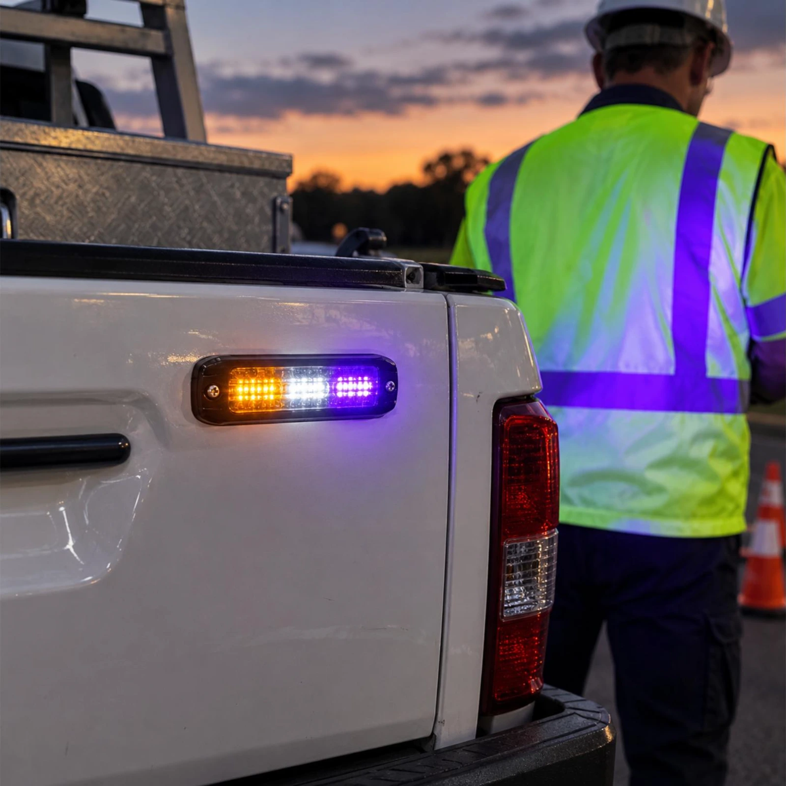 ECCO ED3802AWH amber/white ultra thin LED directional light with HINVII illumination in use on a utility service vehicle at a roadside worksite