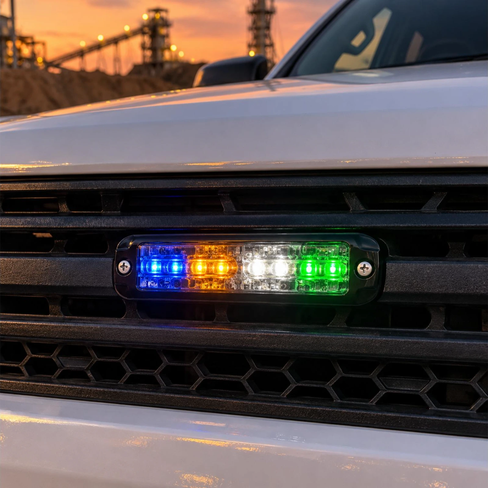 ECCO ED3802BAWG blue/amber/white/green ultra thin LED directional light in use on a site services vehicle