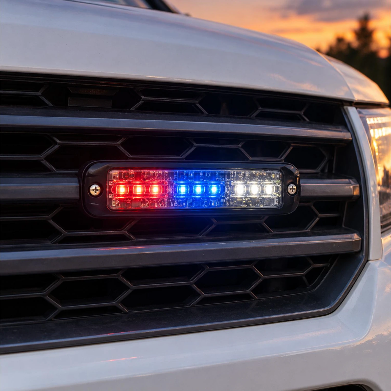 ECCO ED3802RBW red/blue/white ultra thin LED directional light in use on a emergency response vehicle