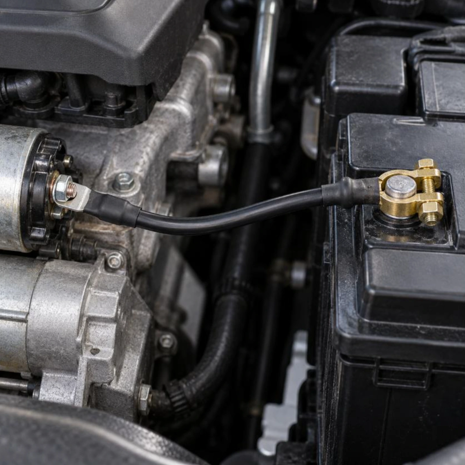 Pre-made battery starter cable fitted from the battery post to the starter solenoid