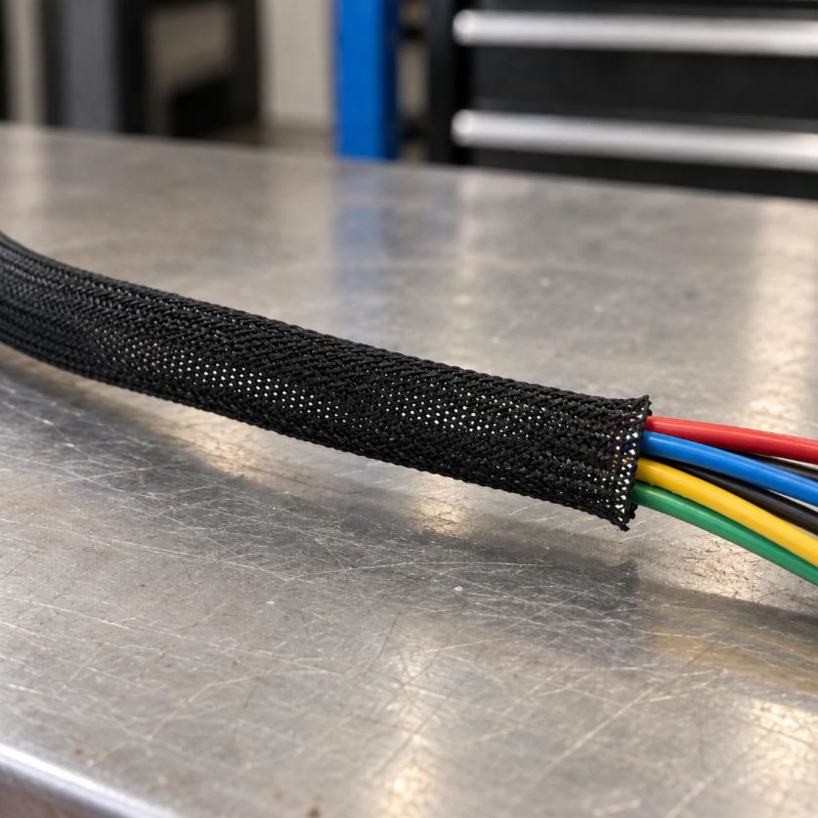Black braided expandable sleeving fitted over a wiring harness