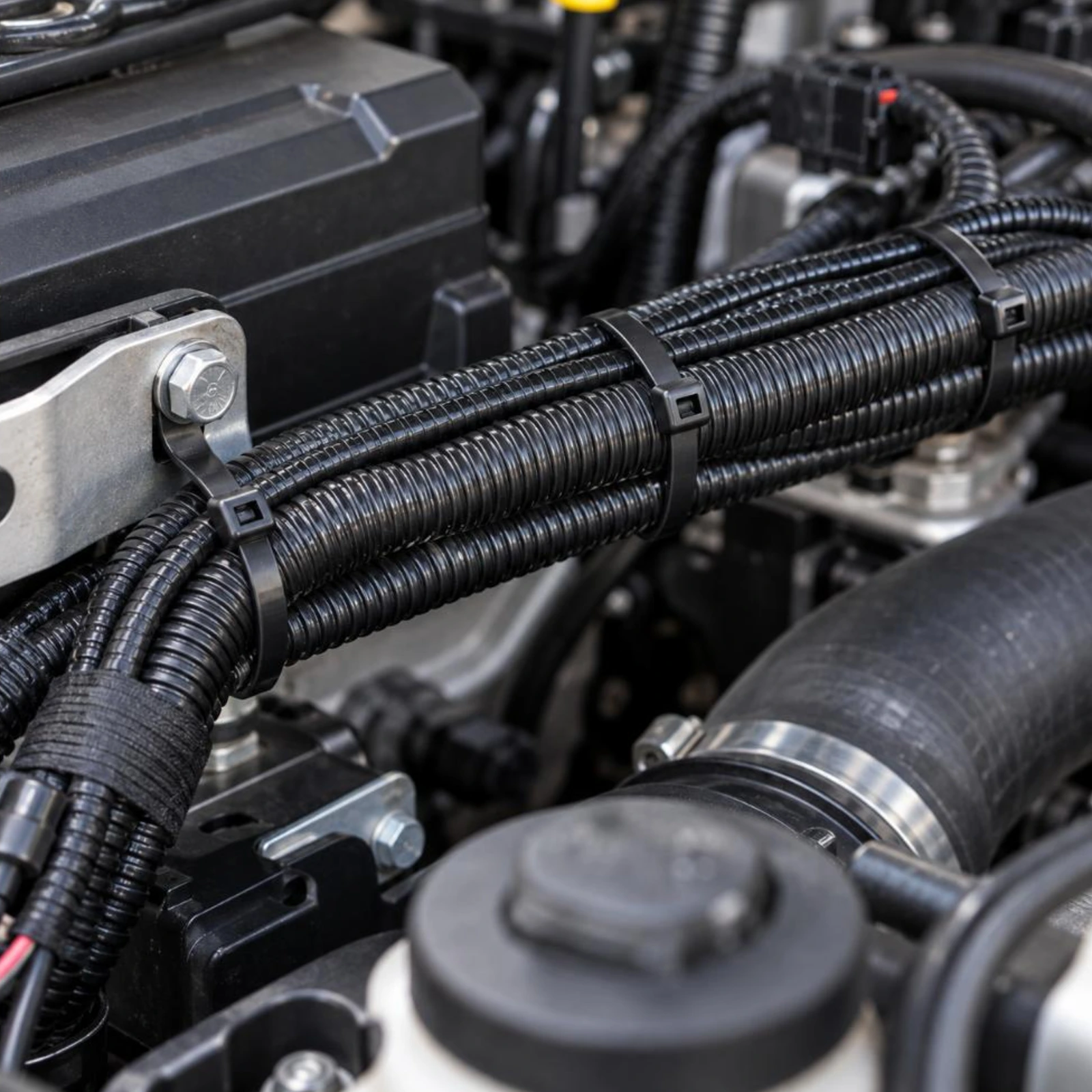 Black nylon cable ties bundling and securing a wiring loom in a 4WD engine bay