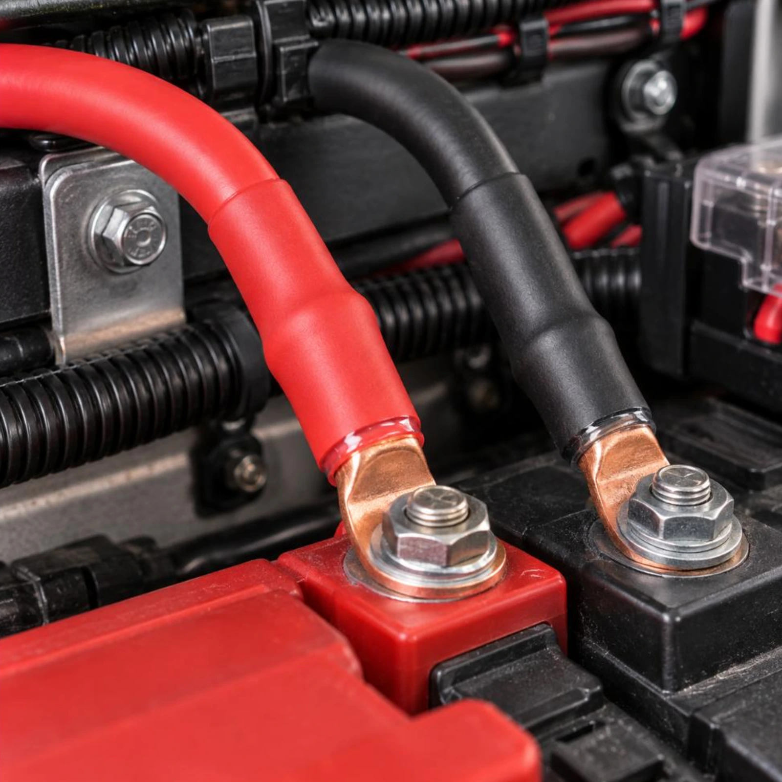 Red and black adhesive-lined heat shrink sealing crimped battery cable lugs