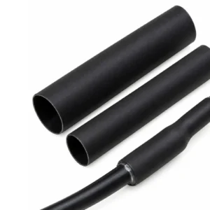 Black adhesive-lined dual wall heat shrink tubing, unshrunk and shrunk onto a cable
