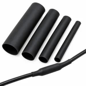 Black single wall heat shrink tubing in several sizes with one piece shrunk over a wire join
