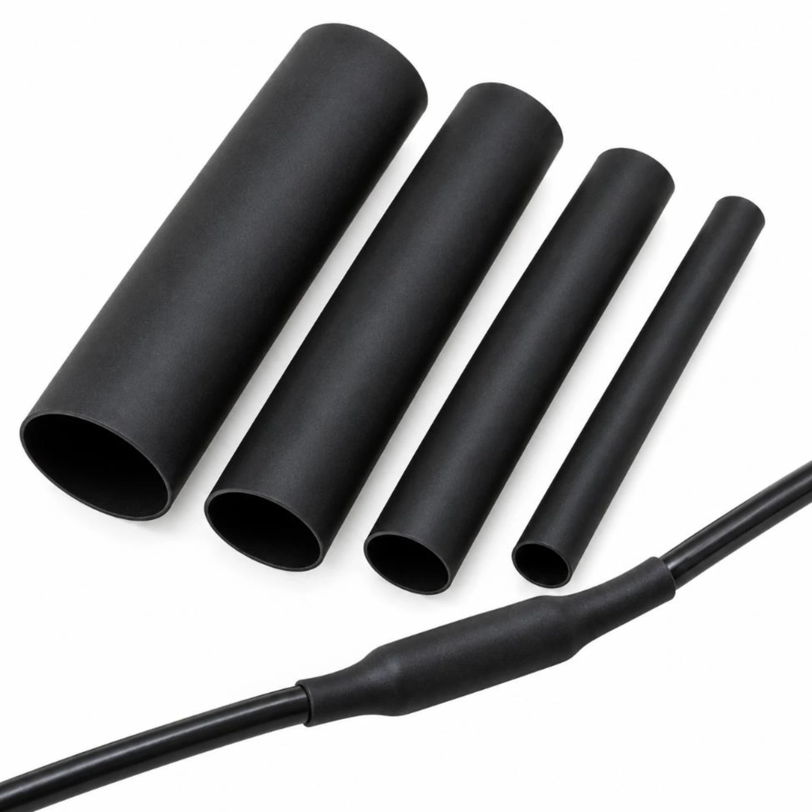 LV Automotive single wall heat shrink black Black single wall heat shrink tubing in several sizes with one piece shrunk over a wire join